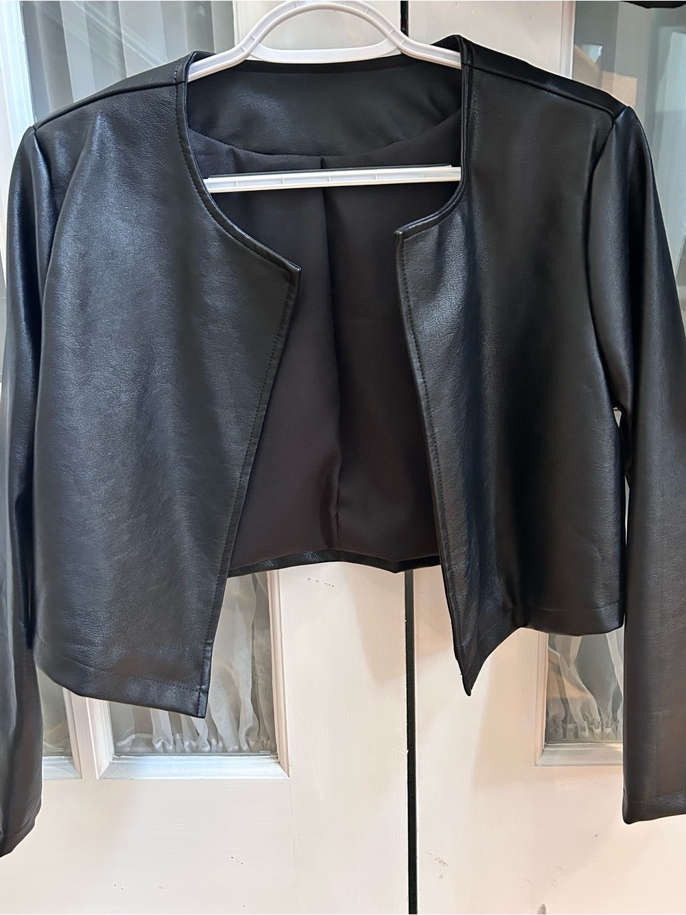 SHEIN Black Cropped Faux Leather Open-Front Jacket